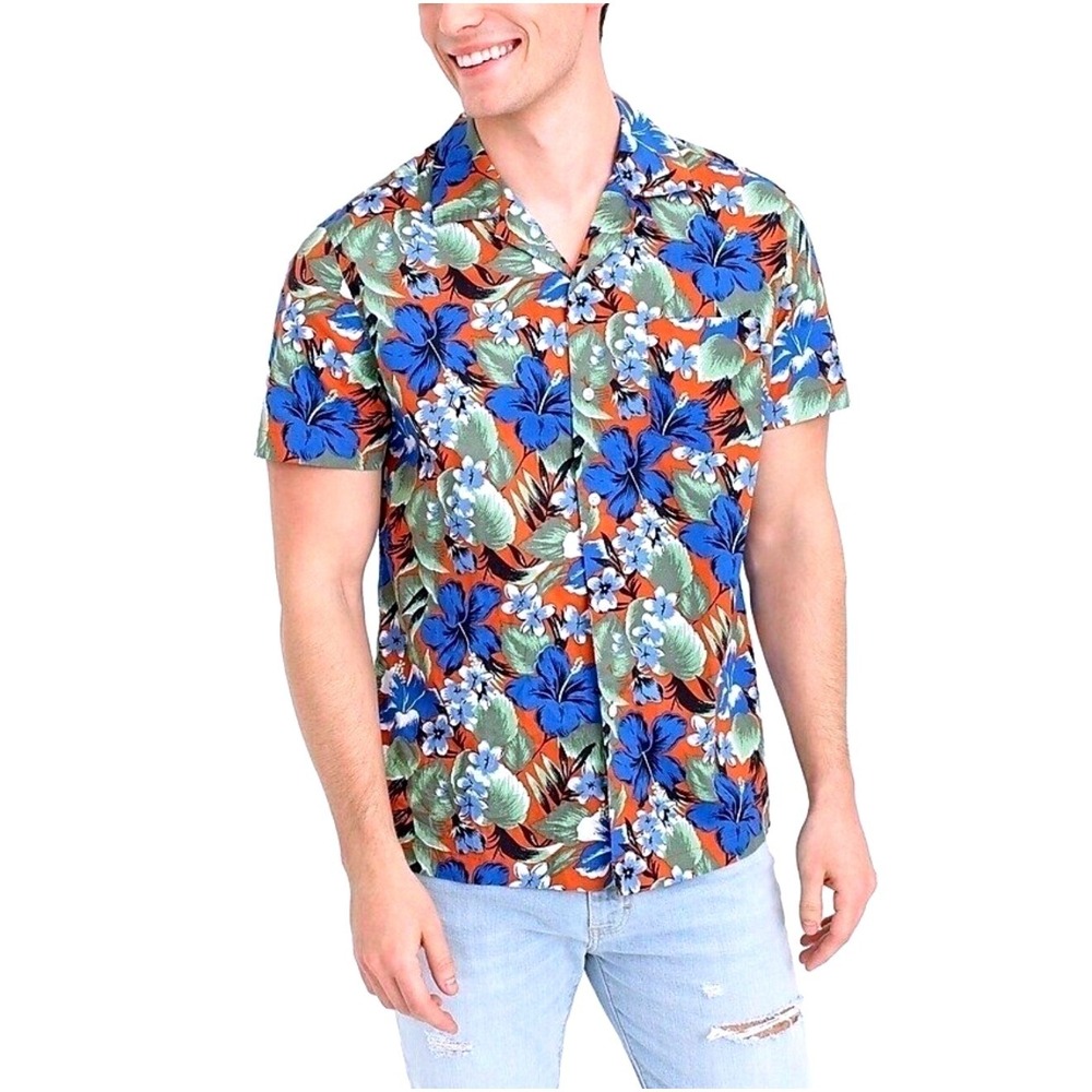 J.Crew Flex Mens Size S Tropical Hibiscus Hawaiian Camp Collar Button Down Shirt